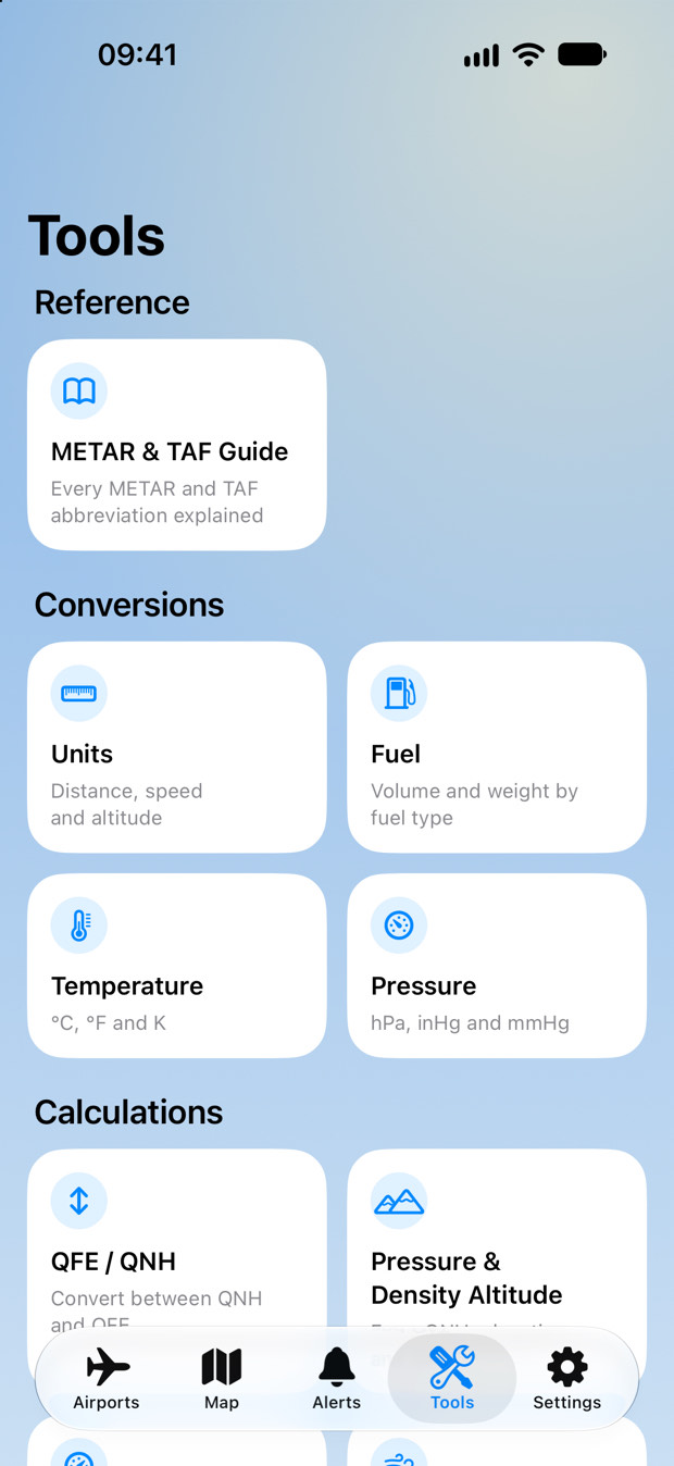 Pilot tools in AirportWX: METAR and TAF guide, unit, fuel, temperature and pressure converters